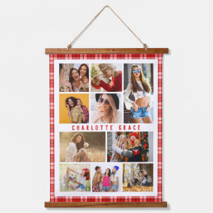 Persoonlijke rode geruite collage met 10 foto's hangend wandkleed
