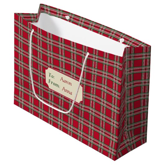 Persoonlijke rode geruite kerstcadeautas groot cadeauzakje (Voorkant Gekanteld)
