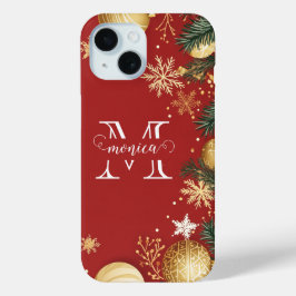 Persoonlijke Rode Gouden Kerst Gespleten Monogram iPhone 15 Case