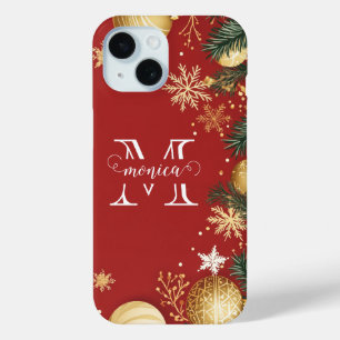 Persoonlijke Rode Gouden Kerst Gespleten Monogram  iPhone 15 Case