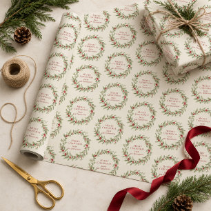 Persoonlijke rode groene botanische kerstkrans cadeaupapier