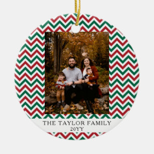 Persoonlijke Rode Groene Chevron Kerst Foto Keramisch Ornament