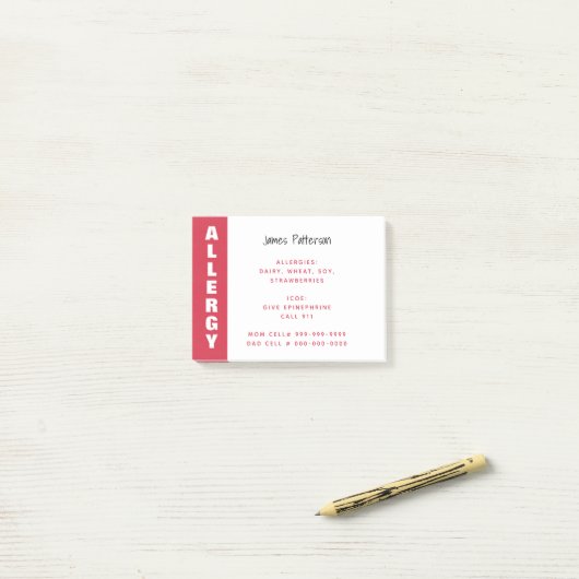Persoonlijke Rode Noodmelding voor Voedselallergie Post-it® Notes (Op bureau)