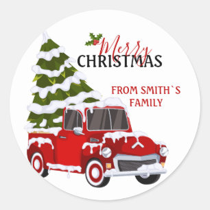 Persoonlijke Rode Ophaaltruck Kerst Familie Ronde Sticker