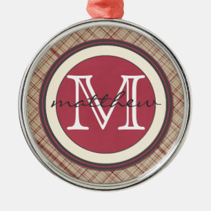 Persoonlijke Rode PLaid Monogram Metalen Ornament