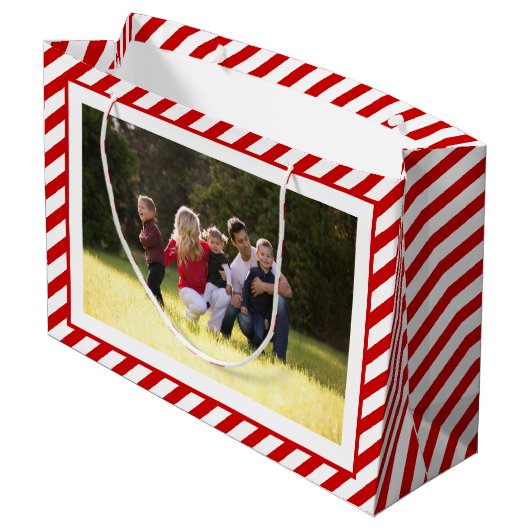Persoonlijke rode strepen voor fijne kerst foto groot cadeauzakje (Achterkant Gekanteld)