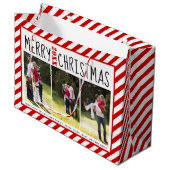 Persoonlijke rode strepen voor fijne kerst foto groot cadeauzakje (Voorkant Gekanteld)