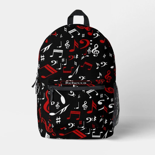 Persoonlijke Rode Witte en Zwarte Muzieknoten Bedrukte Rugzak (Voorkant)