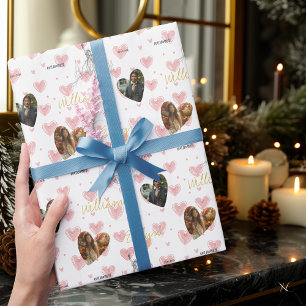 Persoonlijke Romantische Hart met Foto's en Namen Cadeaupapier