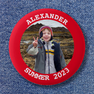 Persoonlijke ronde familie foto helder rood button 5,7 cm