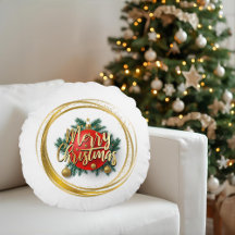 Persoonlijke ronde kerstkussen met gouden afwerkin