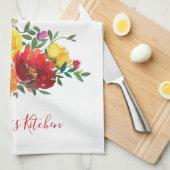 Persoonlijke Rood Geel Roze Aquarel Bloem Theedoek (Quarter Fold)