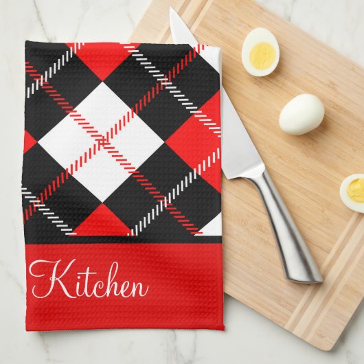 Persoonlijke Rood Zwart Wit Argyle Geruite Keuken Theedoek (Quarter Fold)