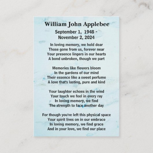 Persoonlijke rouwkaart met foto contactkaartje (Achterkant)