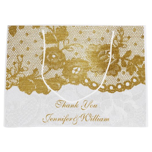 Persoonlijke Royal Wedding Gold White Lace Large Cadeautasje (Voorkant)