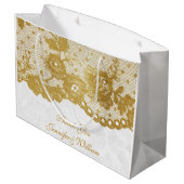 Persoonlijke Royal Wedding Gold White Lace Large Cadeautasje (Achterkant Gekanteld)