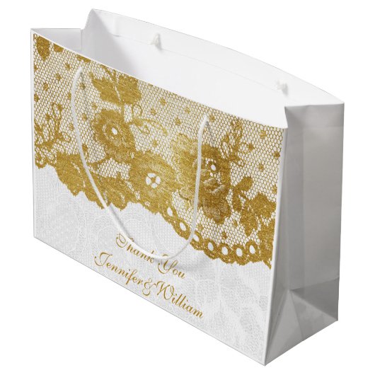 Persoonlijke Royal Wedding Gold White Lace Large Cadeautasje (Achterkant Gekanteld)