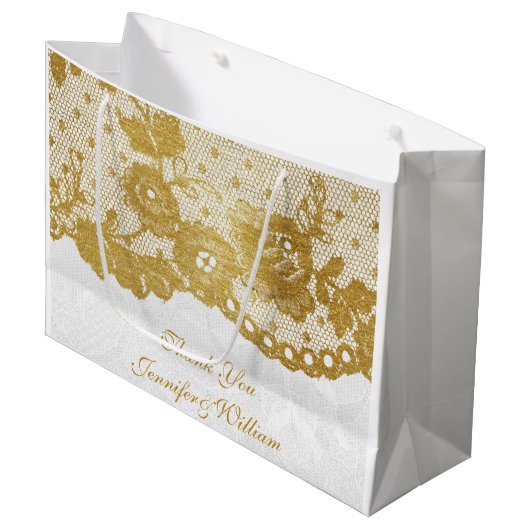 Persoonlijke Royal Wedding Gold White Lace Large Cadeautasje (Voorkant Gekanteld)