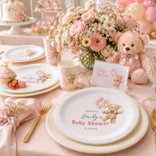 Persoonlijke Roze Beer Baby Shower Papieren Borden Bordje