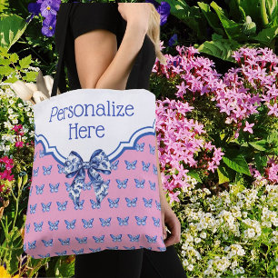Persoonlijke Roze Blauwe Witte Vlinder Tote Bag