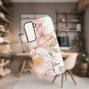Persoonlijke Roze Bloemen- en Vlinder Hoesje voor  Samsung Galaxy Hoesje