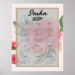 Persoonlijke roze bloemen kalender poster