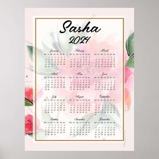 Persoonlijke roze bloemen kalender poster (Voorkant)