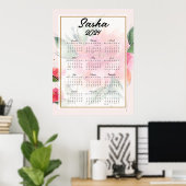 Persoonlijke roze bloemen kalender poster (Thuiskantoor)