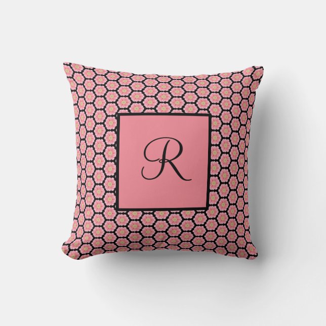 Persoonlijke roze bloemen met monogram kussen (Voorkant)