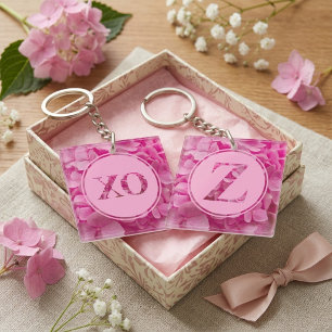 Persoonlijke Roze Bloemige Monogram Letter Z en XO Sleutelhanger