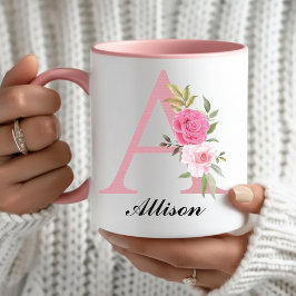 Persoonlijke Roze Bloemige Monogrammok voor Haar Mok