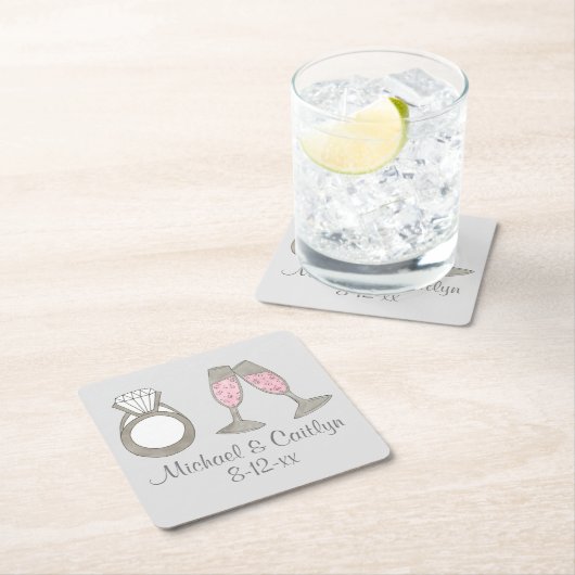 Persoonlijke roze champagne Diamond Wedding Ring Kartonnen Onderzetters (Insitu)