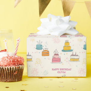 Persoonlijke roze confetti zwevende verjaardagstaa cadeaupapier