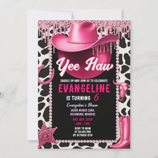 Persoonlijke Roze Cowgirl Verjaardag Uitnodiging (Voorkant)
