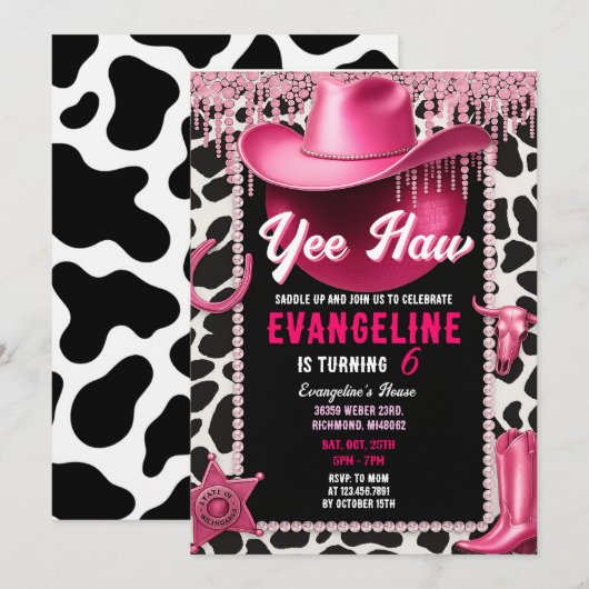 Persoonlijke Roze Cowgirl Verjaardag Uitnodiging (Voorkant / Achterkant)