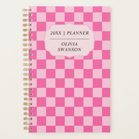 Persoonlijke Roze Dambord Preppy Aangepaste Naam Planner (Voorkant)