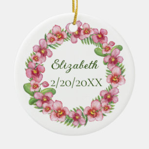 Persoonlijke roze en groene bloemenkranst Kerstmis Keramisch Ornament