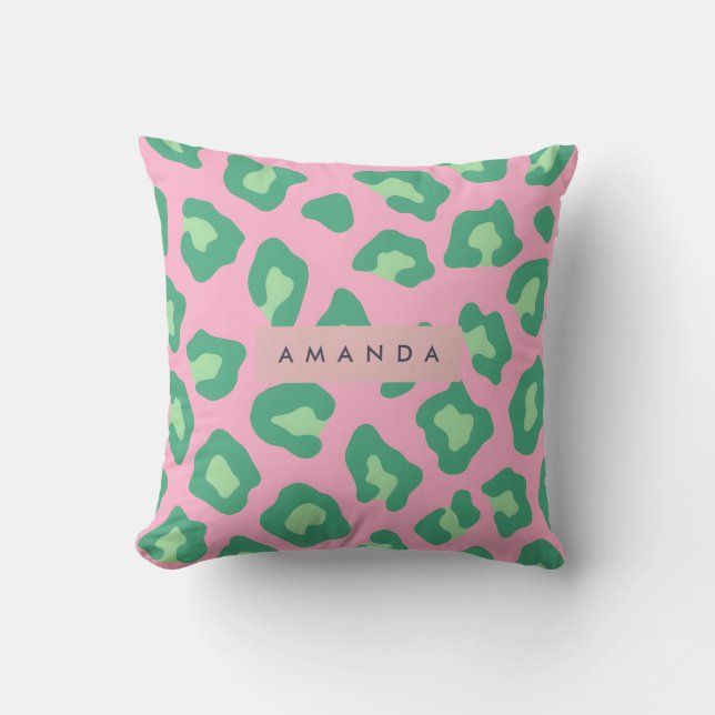 Persoonlijke Roze en Groene Luipaardprint Kussen (Voorkant)