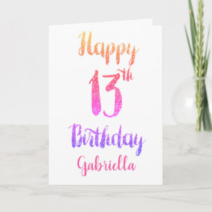 Persoonlijke roze en paarse glitter 13e verjaardag kaart