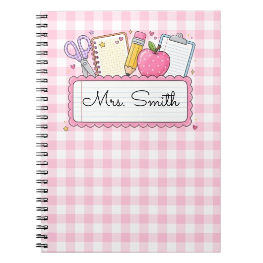 Persoonlijke Roze Gingham Leraar Notitieboek (Voorkant)