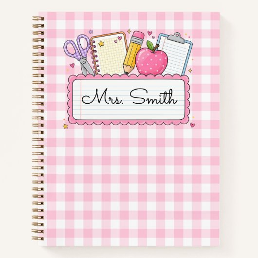 Persoonlijke Roze Gingham Leraar Notitieboek (Voorkant)