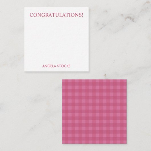 Persoonlijke roze gingham notitiekaartje (Voorkant / Achterkant)