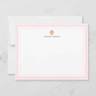 Persoonlijke Roze Gingham Rand Cupcake Notitiekaartje