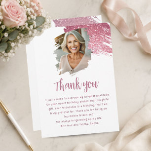 Persoonlijke Roze Glitter Foto Verjaardag Bedankkaart
