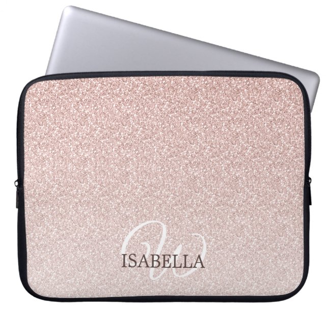 Persoonlijke Roze Glitter Ombre Naam Monogram Laptop Sleeve (Voorkant)