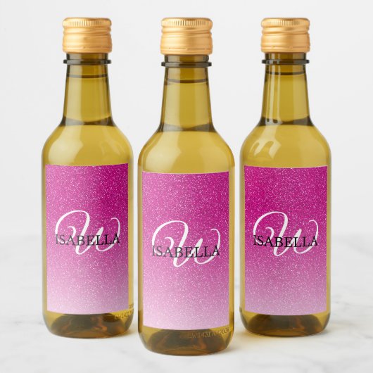 Persoonlijke Roze Glitter Ombre Naam Monogram Wijn Etiket (Flessen)