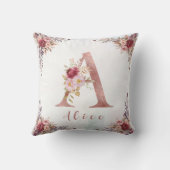 Persoonlijke Roze Gouden Bloem Letter A Monogram Kussen (Achterkant)