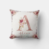 Persoonlijke Roze Gouden Bloem Letter A Monogram Kussen (Voorkant)