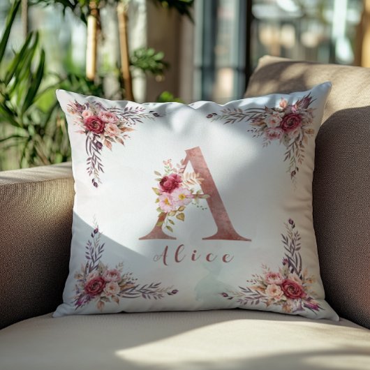 Persoonlijke Roze Gouden Bloem Letter A Monogram Kussen