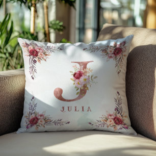 Persoonlijke Roze Gouden Bloem Letter J Monogram Kussen